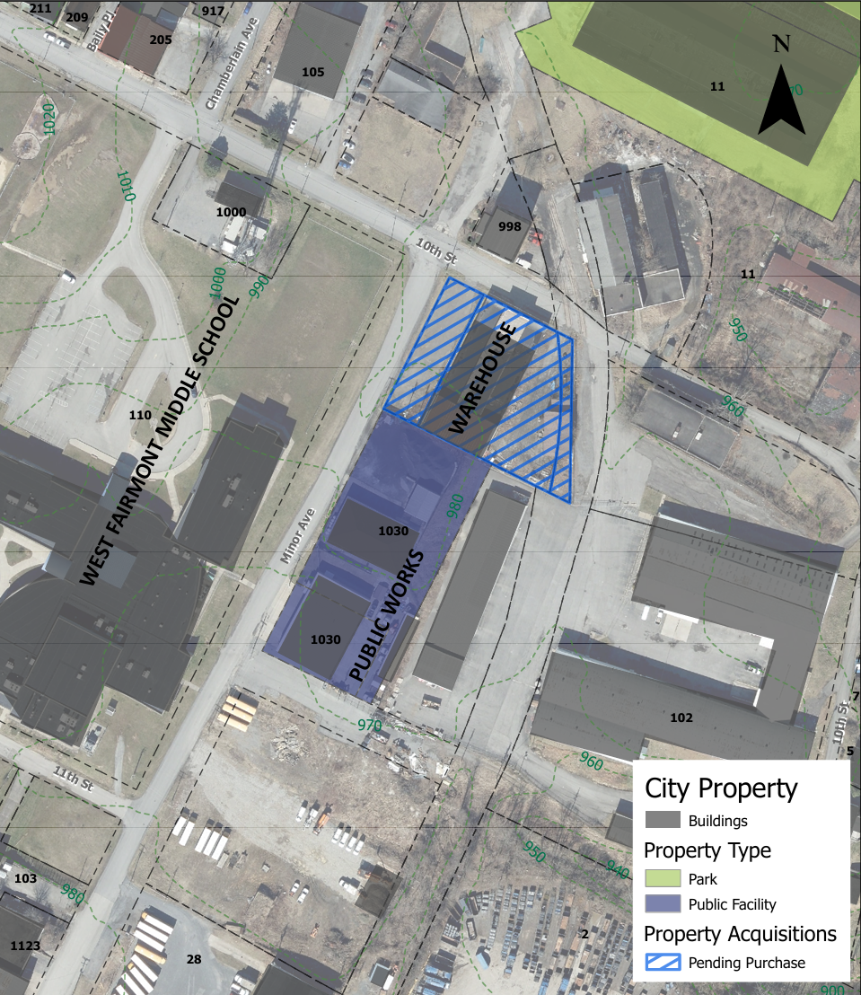 A map detailing the acquired property for the City of Fairmont Public Works department.